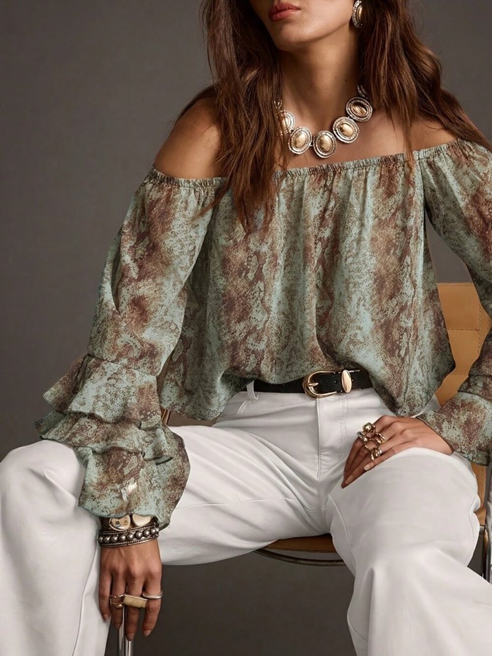 Green Boho Women's Off-Shoulder Blouse - Picture 3 of 5